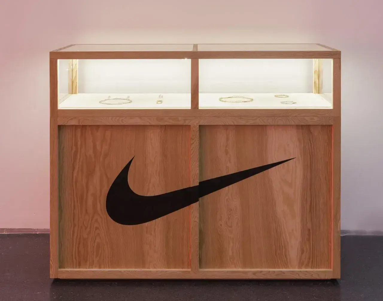 Archive image 2: A long white display table filled with dozens of different colorful Nike sneakers.